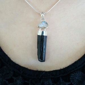 Black Tourmaline & Opal Necklace Sterling